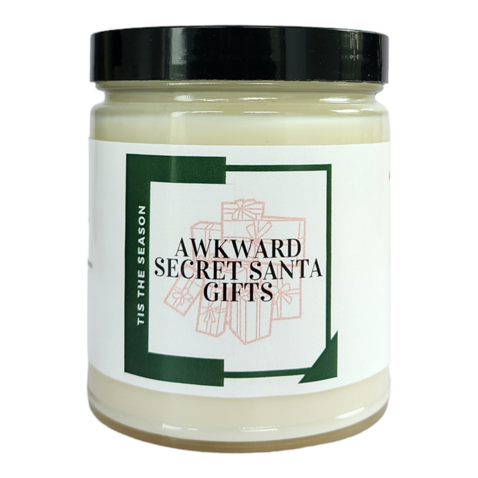 Awkward Secret Santa Gift candle -It's that time of year again and all you got was 4 crappy secret Santa gifts. This candle is a just the right amount of sparkling citrus, fir needles, eucalyptus, oakmoss and vanilla sugar to cover up your disappointment.