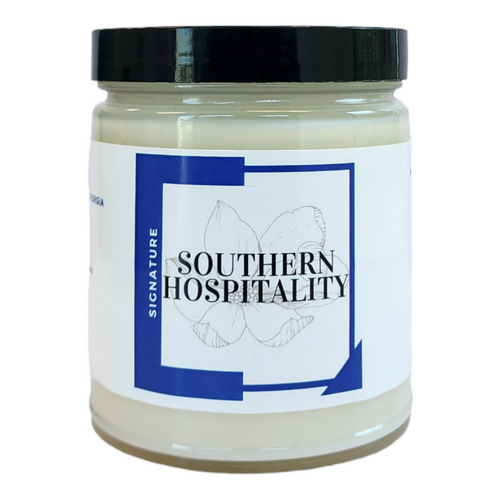 Southern Hospitality- This candle is a just the right amount of peach, green, jasmine, musk, & vanilla.