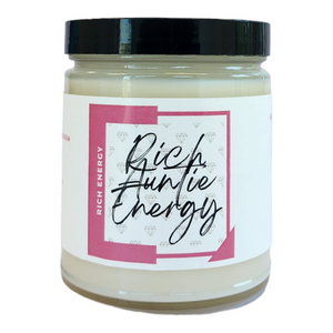 Rich Auntie Energy Candle- This scent is rich is a classy mix of peach, rose water, jasmine & sandalwood.